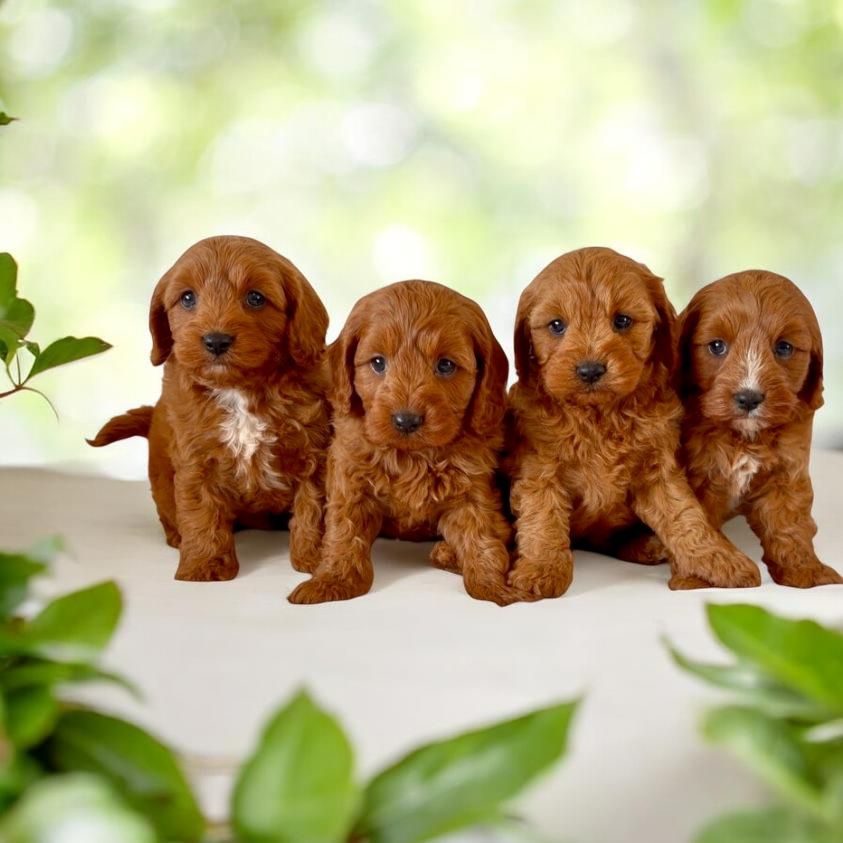 Four red Cavoodle puppies sitting together