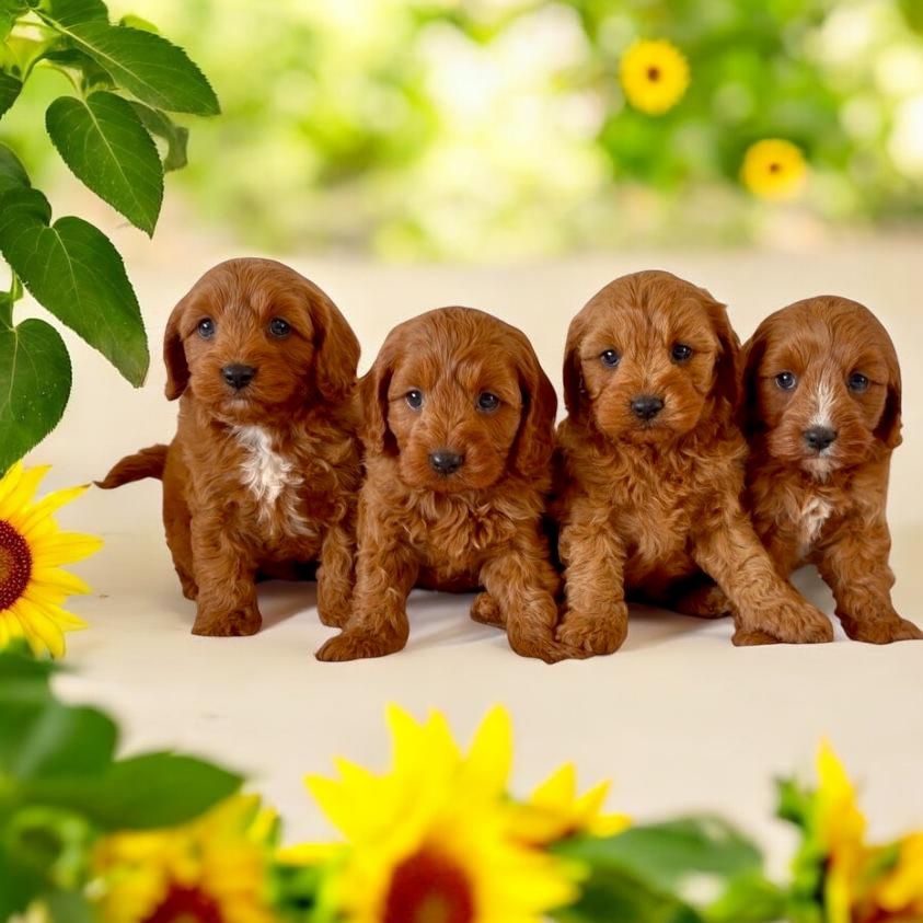 Four Cavoodle puppies among sunflowers