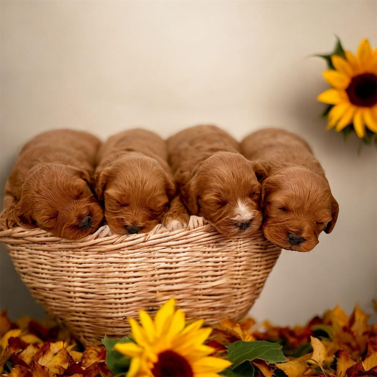 Cavoodle puppies sleeping in a basket